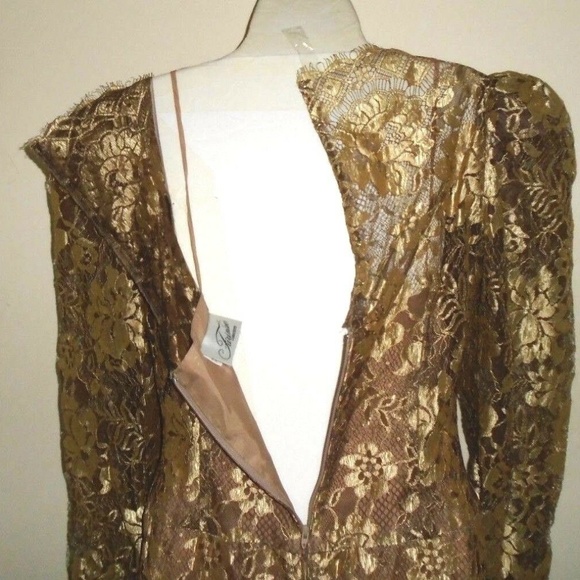 Vintage Rare Formal Gold Brown Lace Lined Dress - Picture 7 of 8